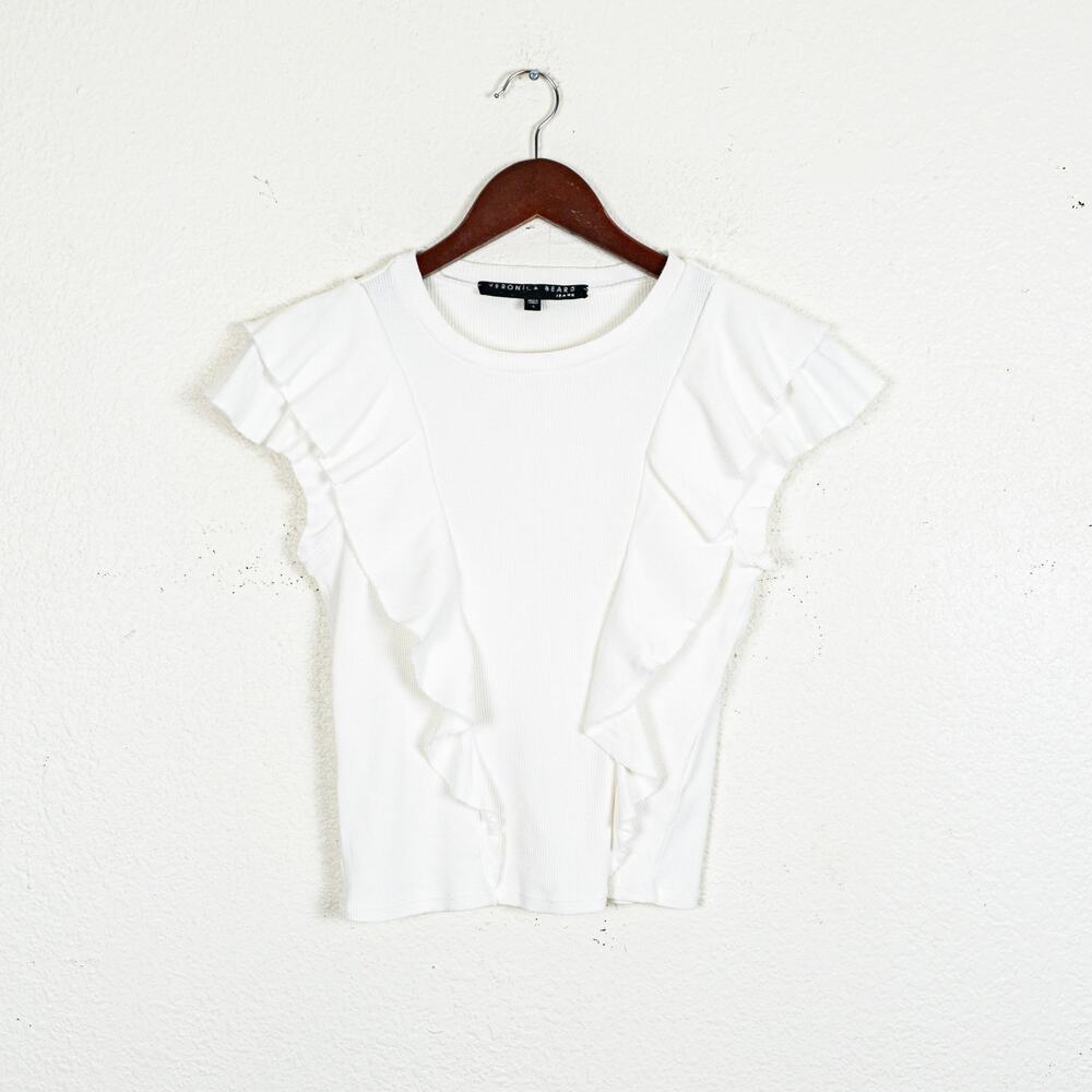 Veronica Beard Bea Short Sleeve Ruffle Tee in White size Small - Picture 7 of 8